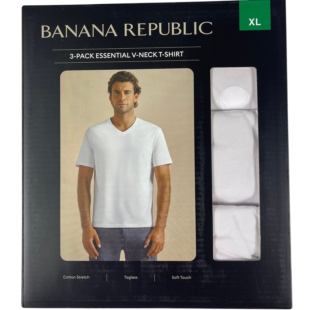 Banana Republic Mens 3-Pack Essential V-Neck T-Shirt White XL Cotton Stretch